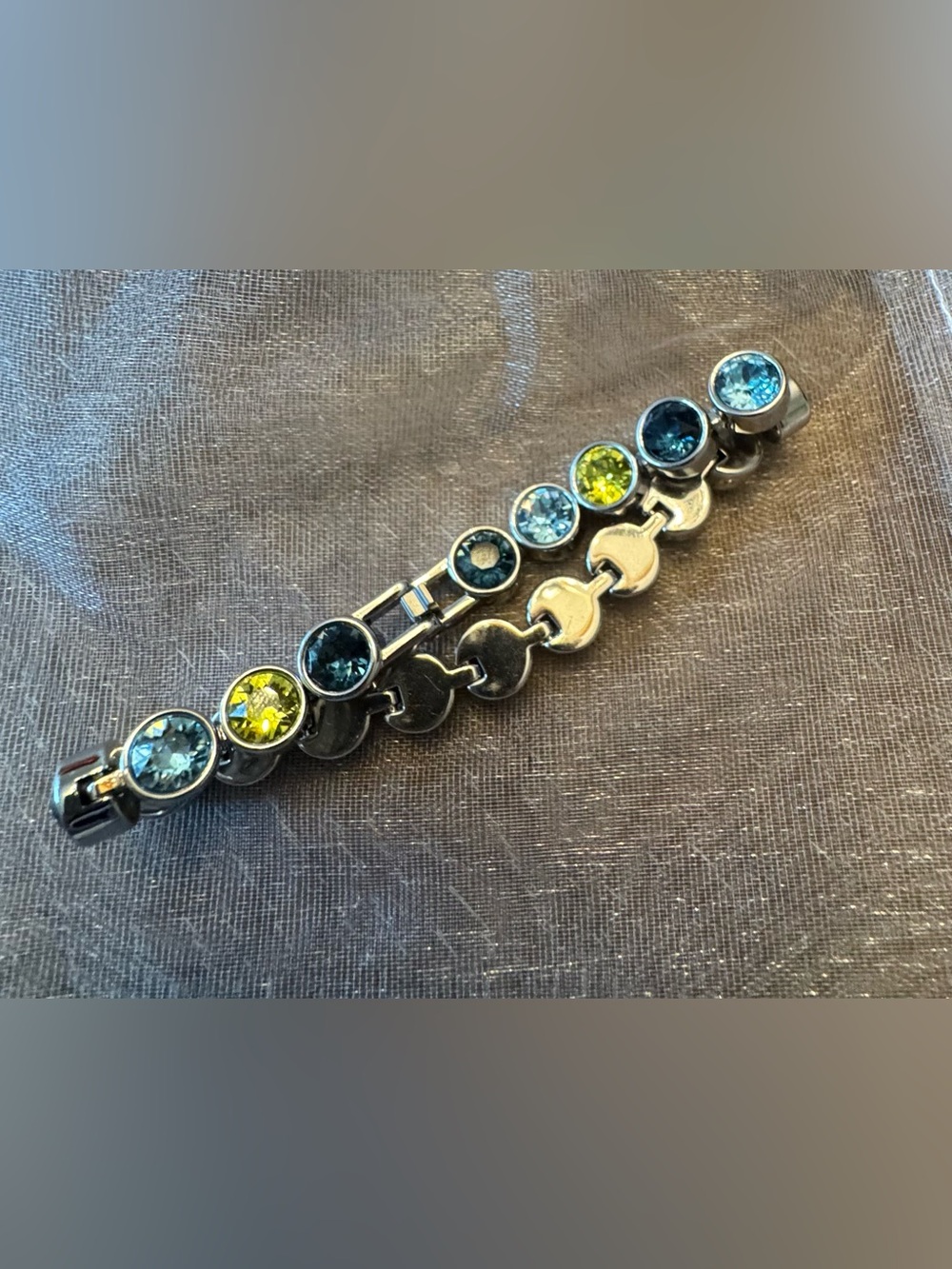 Touchstone Crystal Silver-Tone Bracelet 💙💚 Blue & Lime Green Swarovski Crystals - Picture 4 of 5